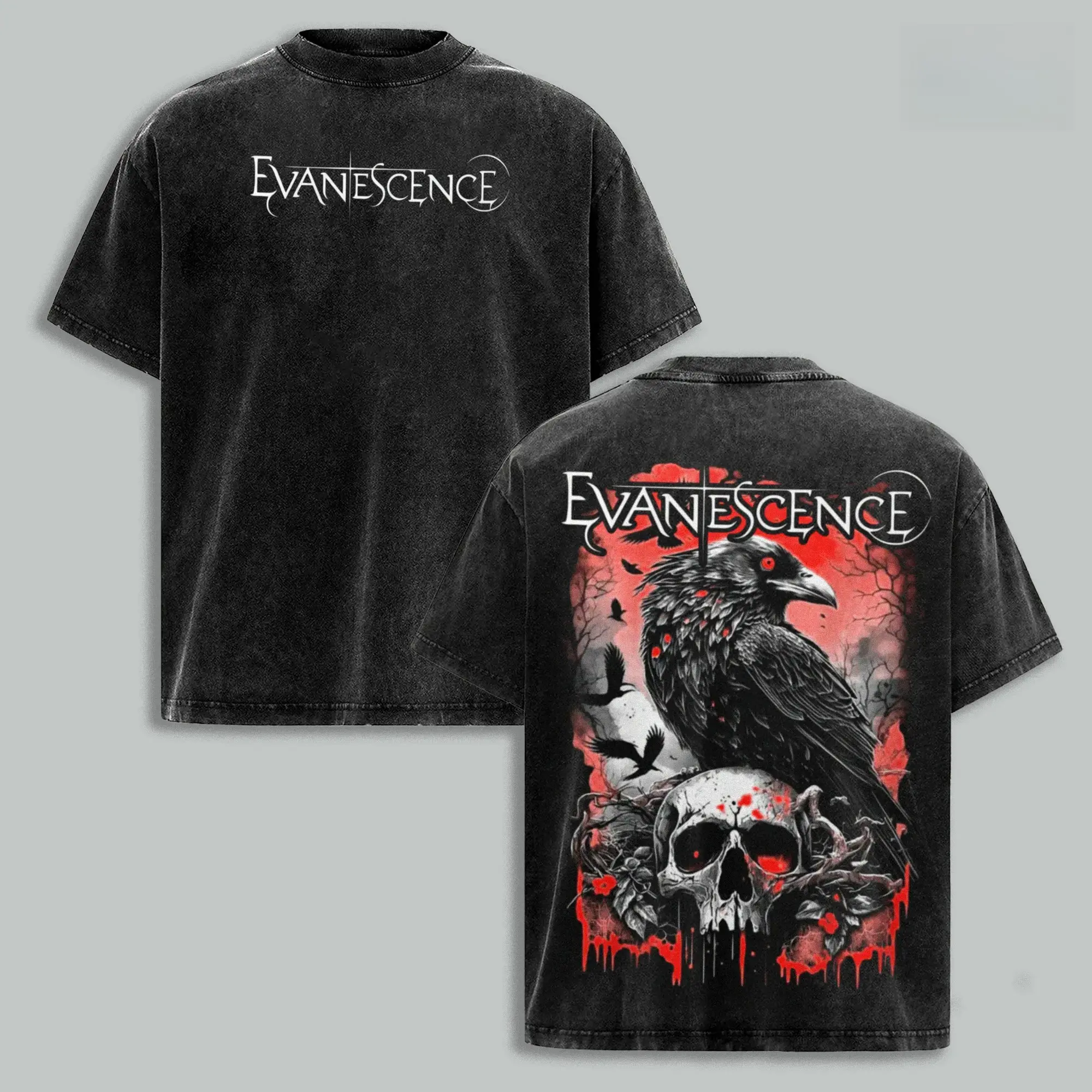 Vintage Distressed Washed Black Pure Cotton Short Sleeve T Shirt Evanescence Band Text Raven Skull Gothic Double Side Full Back Print Soft Top Rock Streetwear For Live Show Trip Adult Music Fan Outfit