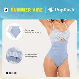 Popilush Bandeau One-Piece Swimsuit for Women Turquoise Cutout Ruched Bathing Suit with Push-Up Design, Tummy Control Swimwear for Beach Pool Vacation Swimswimsuits
