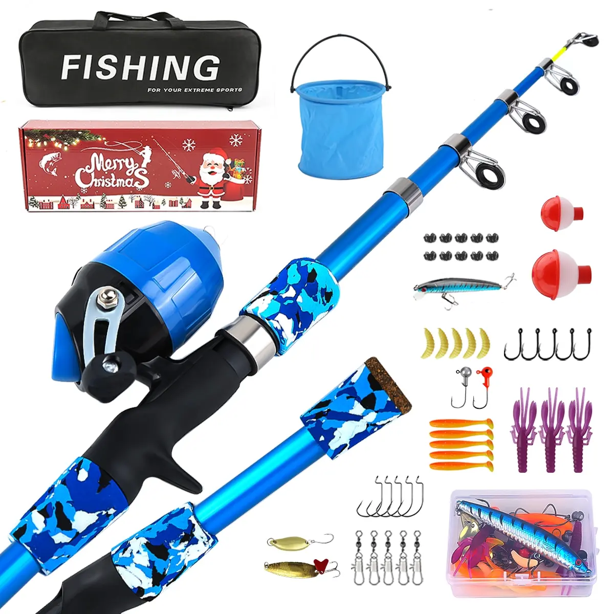 Christmas Fishing Rod Reel Combo Set Fishing Tackle Gear Set with Lure Box, Hooks, Floats, Lines, Bucket, Storage Bag, Extendable Fishing Kit for Beginners