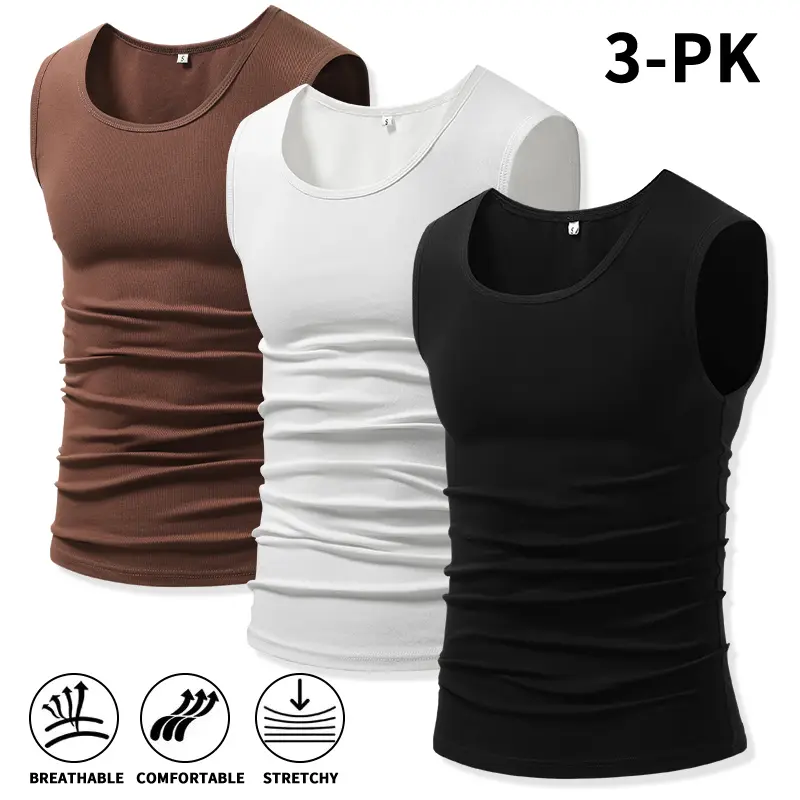 3-Pack Men Slim Fit Ribbed Muscle Tanks – Soft, stretchy, breathable sleeveless undershirts for workouts; basic tank shirts High Elasticity Lifestyle Beater Set