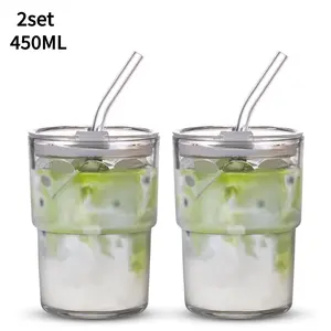 2set 15oz Glass Water Cup with Straw and Lid, Sealed Portable Thick-Wall Ice Coffee Cup, Suitable for Matcha, Iced Tea, Juice, Drinkware