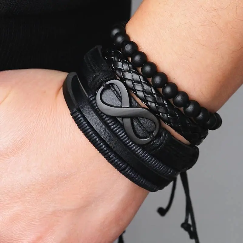 Men's 4pcs/Set Classic Infinity Bracelets - Woven Multilayered PU Leather, Punk Statement Piece, Daily Wear Costume Jewelry Gifts