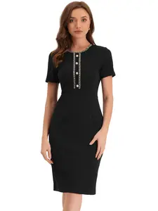 INSPIRE CHIC Short Sleeve Work Business Pencil Dress Tweed Bodycon Sheath Dress