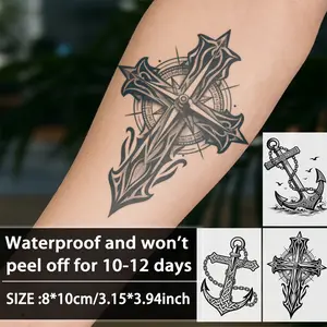 Cross Boat Anchor Compass Temporary Tattoo Sticker, Waterproof Long-Lasting 7-15 Days, Semi-Permanent Herbal Tattoo, Unisex Fake Tattoo