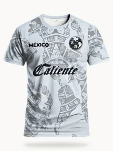 Men's Mexican Football Jersey Aztec Pattern, North American Style Print, Round Neck, Slightly Elastic Fabric, Ideal for Games, Training, Fitness, Casual Wear, Soccer Shirt