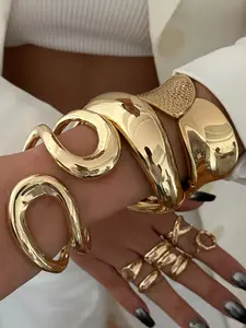 Chunky Jewelry Set, Fashionable Round Ring Design, Asymmetric Metal Style, Simple Yet Bold Bracelets, Perfect for Any