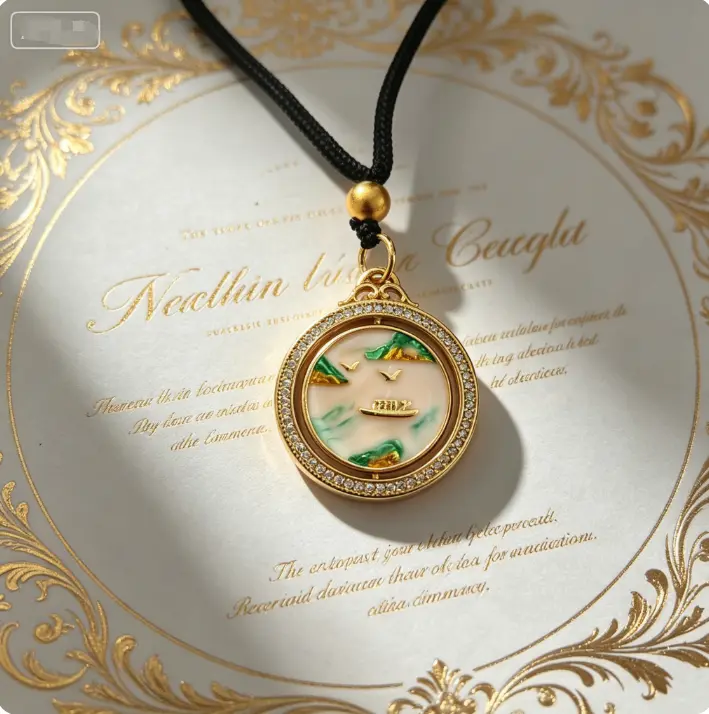 18K Gold Plated Rotatable Enamel Landscape Pendant Necklace, Oriental Cloisonne Craft Women Jewelry