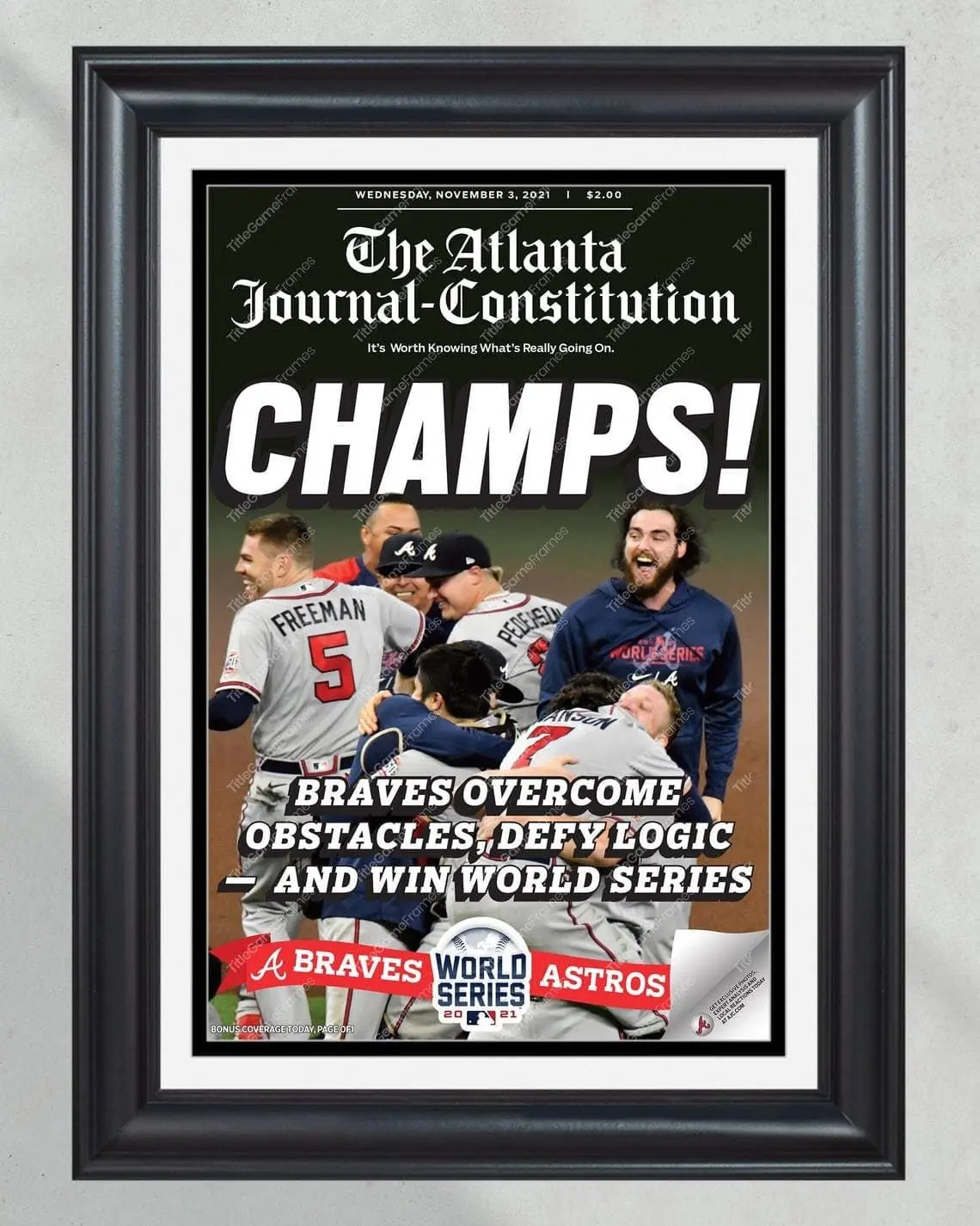 2021 Atlanta Braves World Series Champions Champs Unframed Poster - Historic Front Page Newspaper Print - MLB Baseball Championship Wall Art - Braves Fan Gifts