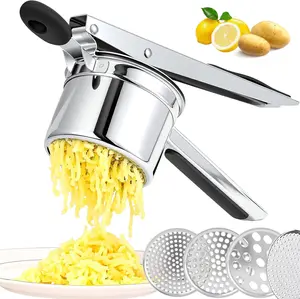 Stainless Steel Potato Masher - 4-in-1 Fruit Vegetable Press and Lemon Juicer - Manual Kitchen Tool for Puree and Draining, Kitchen Gadget, Fruit Presser, Kitchenware, Vegetables Juice Extractor