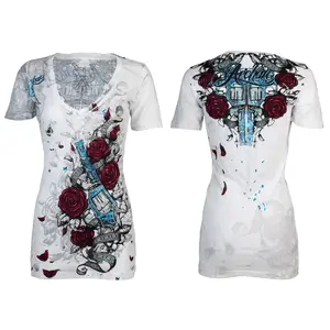 ARCHAIC Womens Short Sleeve SMOKING LOVER V-neck T-Shirt (White)