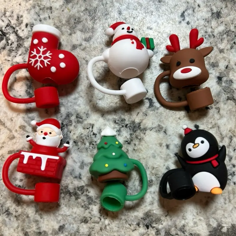 Christmas Straw Toppers - Santa, Snowman, Reindeer, Penguin, Tree & Mittens - Festive Holiday Drink Accessories