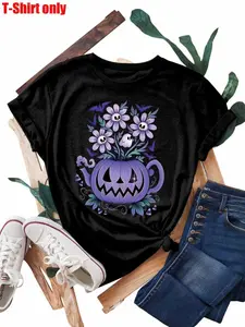 【Plus Size】 Pumpkin & Floral Print Round Neck Tee, Casual Halloween Graphic Short Sleeve T-shirt for Daily Wear, Women Plus Clothing for All Seasons
