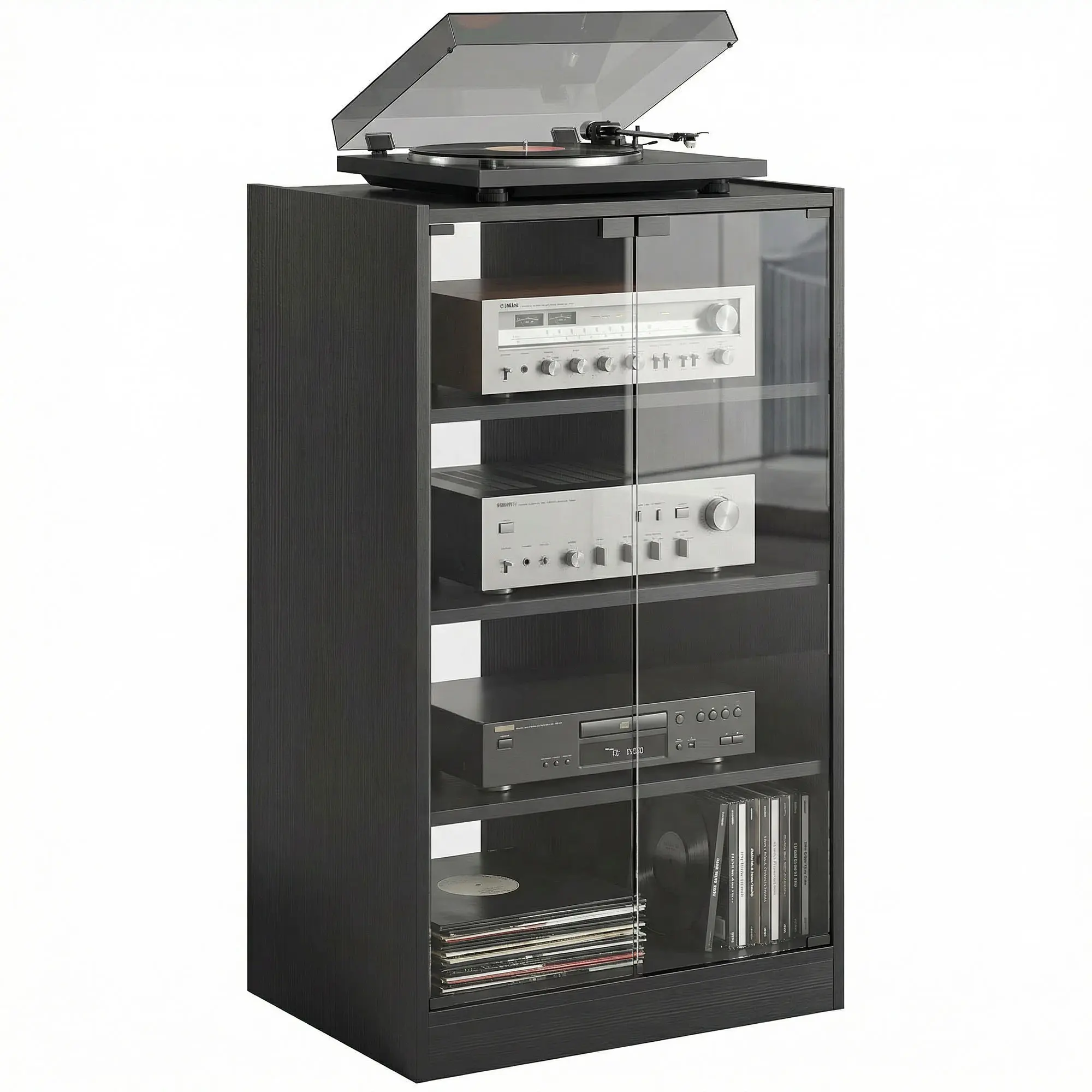 Distressed Black 4-Tier Media Cabinet - Push-to-Open Tempered Glass Doors, Signal-Clear Design, Adjustable Shelves, Rear Cable Management, P2 Grade Particleboard, Anti-Tipping Stereo AV Stand for Vinyl Player, Gaming Console
