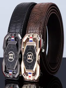 Men's Crocodile Leather Belt with Automatic Buckle, Fashion Metal Decorative Clasp, Daily Business Commute Waistband, Casual Business Belt