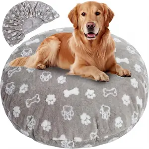 Washable Round Dog Bed Cover 45" x 45" x 11" Gray Paw Bone Prints Waterproof Dog Bed Cover Replacement for Round and Donut Dogs Beds Scratch Resistant Mattress Protector