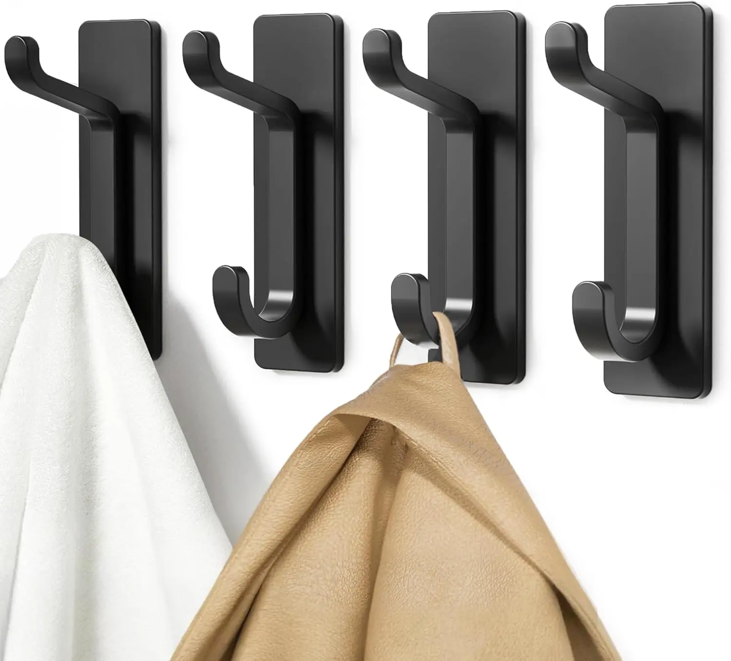4PCS Strong Adhesive Wall Hooks – Heavy Duty Double Hooks for Towels, Coats & Keys, No Drill Peel-and-Stick Door & Wall Hangers (Matte Black)