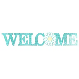 13.25"W Welcome/Daisy Shelf Sitter Robin Egg/White