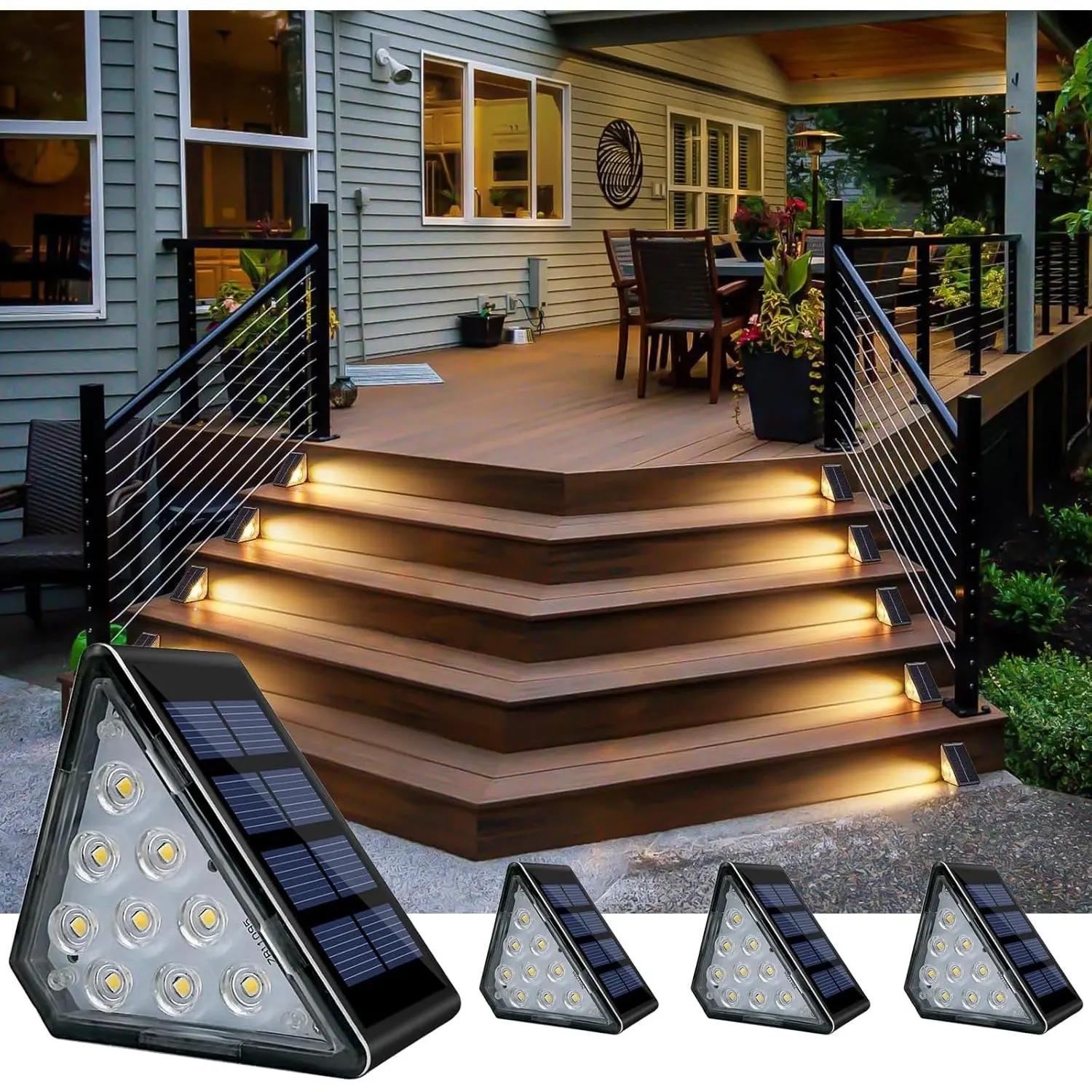 Solar Step Lights, Stair Fence Triangle Lights IP67 Outdoor  LED Deck Light for Garden Yard Patio, Porch, Front Door, Outside, Pathway, Warm White 4 Pack