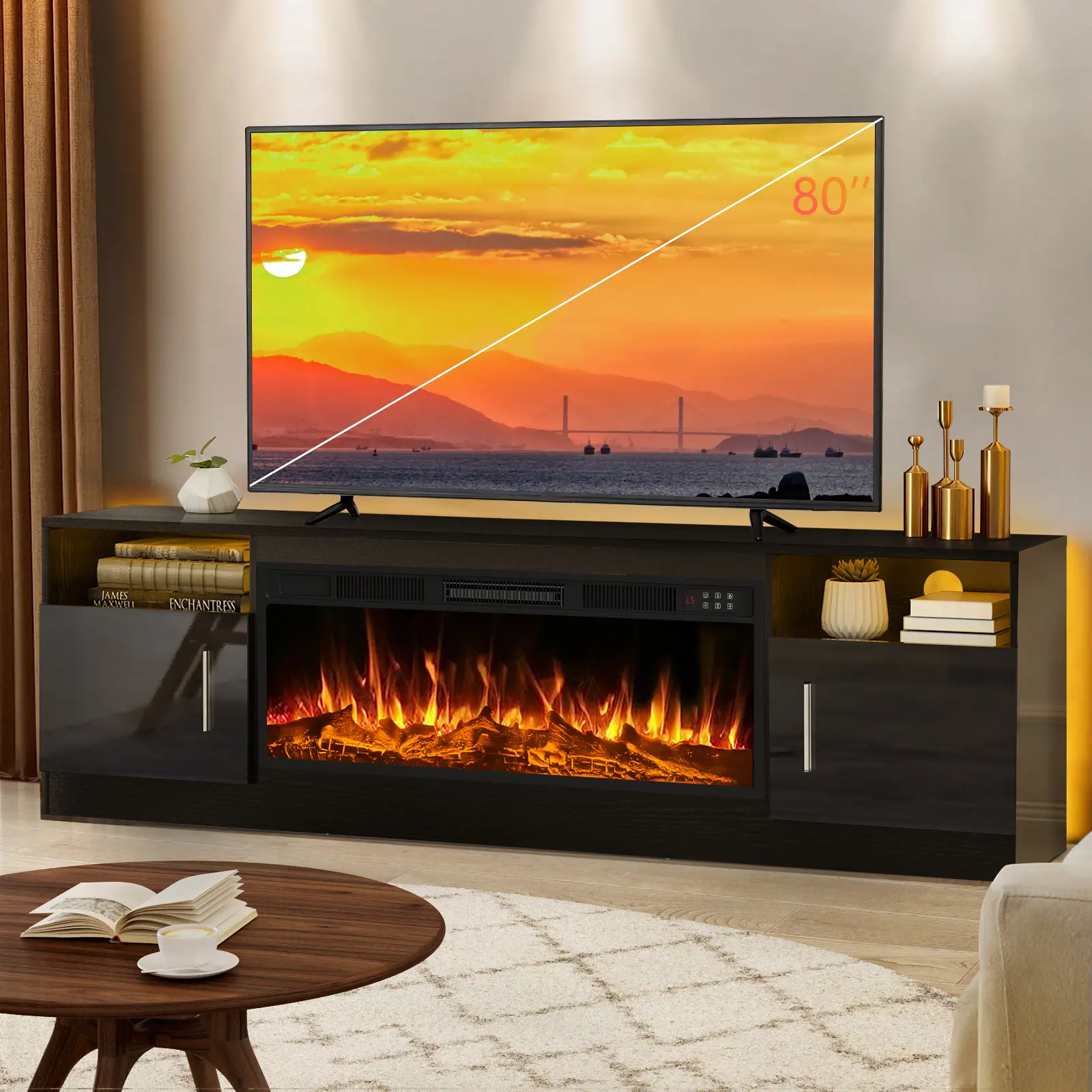 【2 Packages Shipping [Summer Vibes] PUKAMI Fireplace tv Stand with 36 inch Fireplace Up to 80" TVs,LED Light Entertainment Center and Storage, 70" Modern Wood Media TV Console with Highlight Cabinet for Living Room