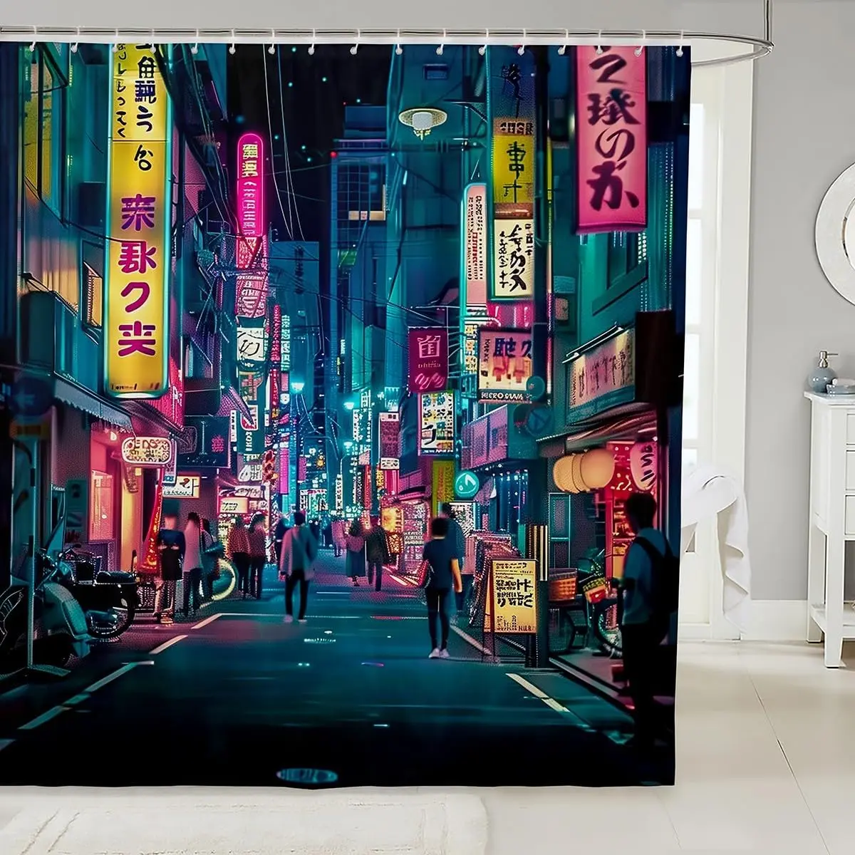 Japanese Art Bathroom Shower Curtain Set 72" L x 72" W Tokyo Anime Shower Curtain Japan Night City Bath Curtain Bathroom Accessories