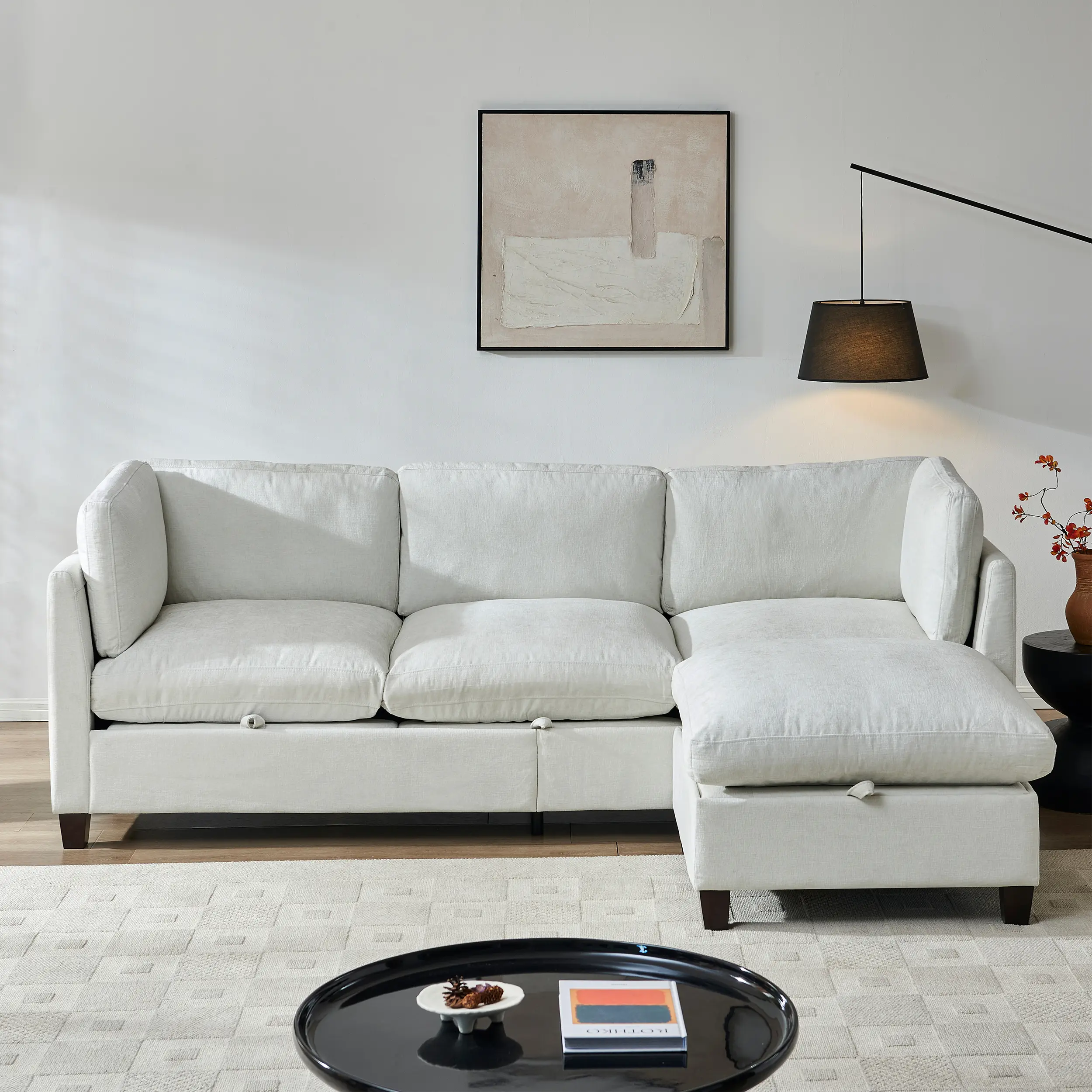 96.5" L-Shape Sectional Sofa with Ottoman, Soft Chenille Upholstery, 3-Seater Beige Couch for Living Room, Family Room, Apartment