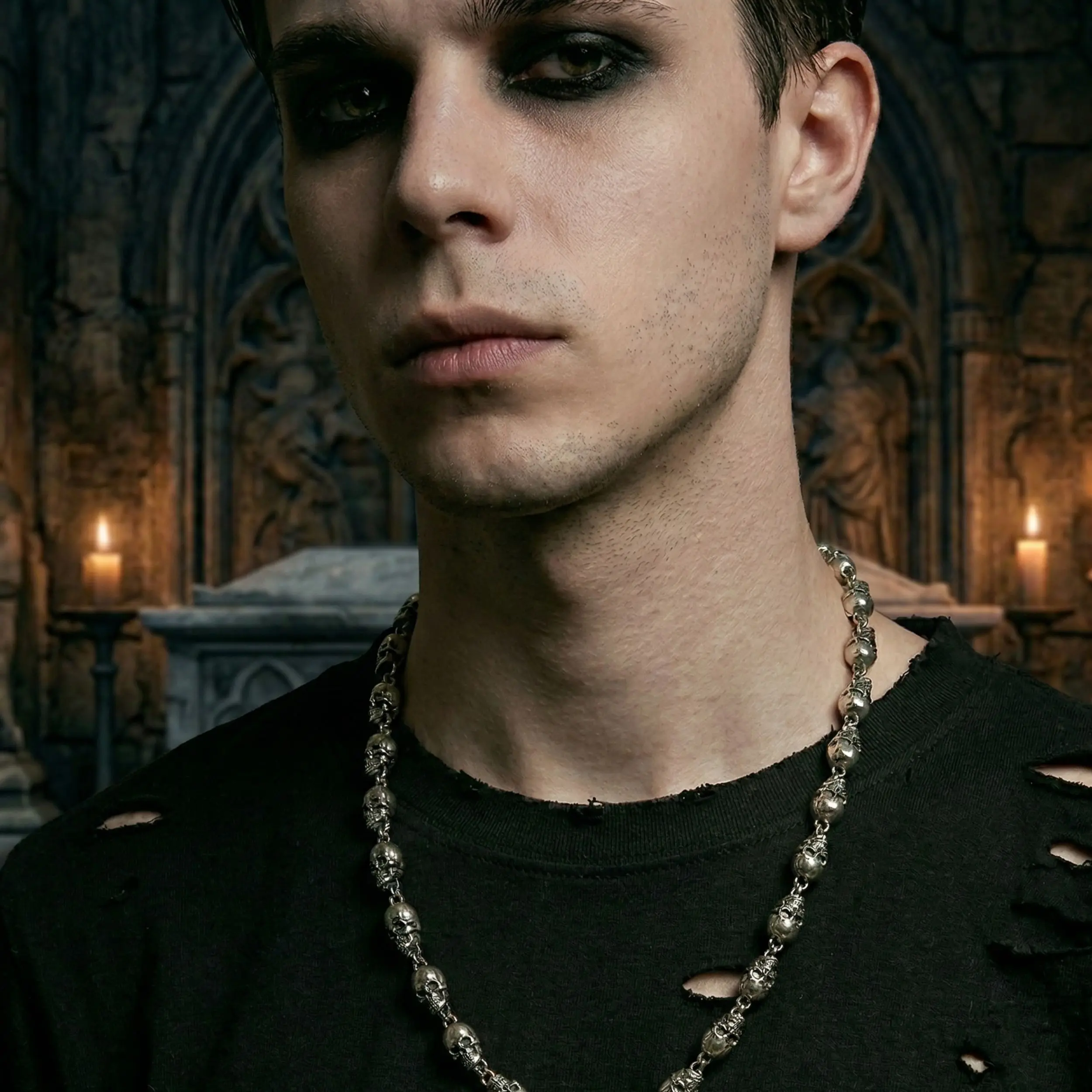 Men’s Skull Necklace Stainless Steel – Punk Rock Chain Link Silver Tone 25 Inch, Gothic Biker Skull Pendant Necklace for Men, Hip Hop Streetwear Jewelry Gift