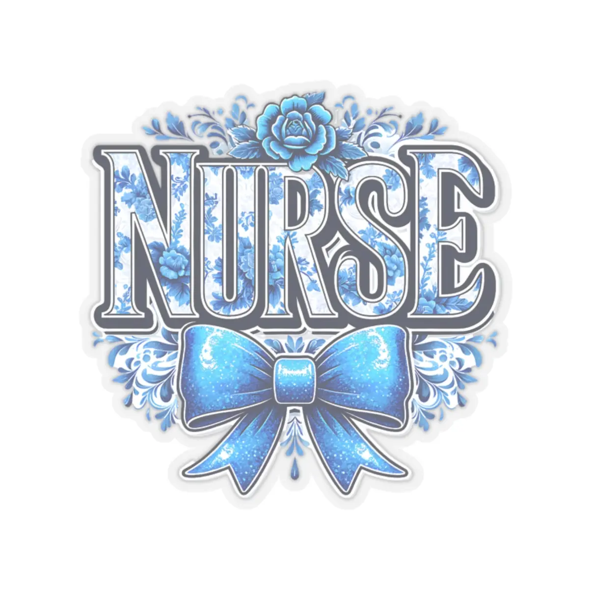 Nurses Floral Lettering Stickers with Blue Bow, Durable Appearance Transparent Kiss-Cut Vinyl Decals (Multiple Sizes)