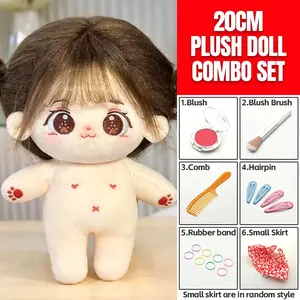 20cm Plush Cotton Doll DIY Set - Complete 7-Piece Set with Bare Doll, Blush Powder, Blush Brush, Comb, 2 Pairs Hair Clips, 8 Elastic Hair Ties & Cute Floral Dress - Kawaii Dress-Up Toy Gift for Girls, DIY Craft Enthusiasts & Doll Collectors
