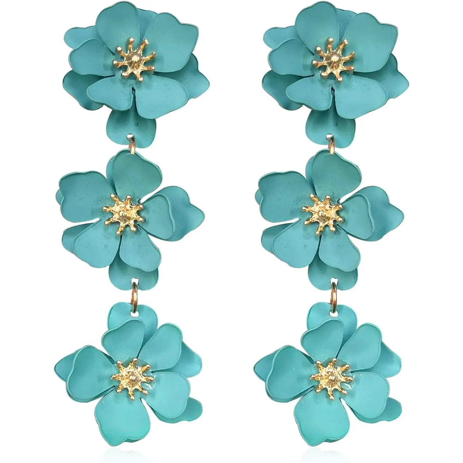 Boho Metal Poppy Flower Dangle Earring Matte Painted Dual 3 Layer Tassel Fashion Bohemian Flower Floral Petal Tiered Drop for Women