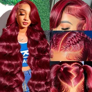 Burgundy 99J 13x6 HD Lace Frontal Human Hair Wig Body Wave Lace Front Wig For Women Pre plucked 180% Density Colored Lace Wigs  Can Be Dyed