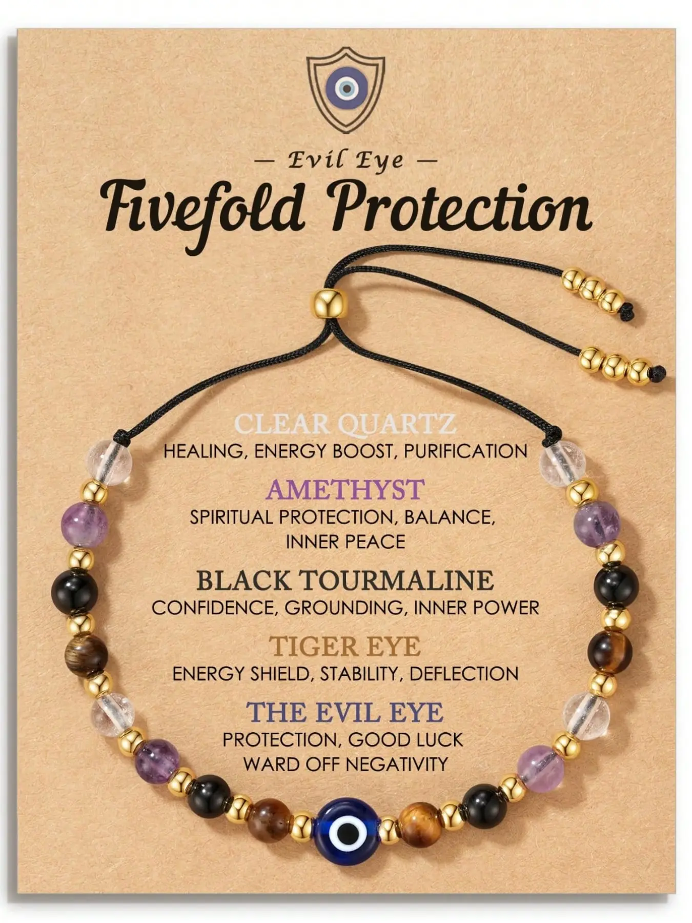 Evil Eye Dainty Bracelet with Natural Crystals - Adjustable Clear Quartz Amethyst Black Tourmaline Tiger Eye Stone Bracelet, Energy Bracelet, Spiritual Jewelry Gift with Meaning Card Handcrafted Healing Crystal Bracelet, Beautiful Bracelets, Tigers Eye