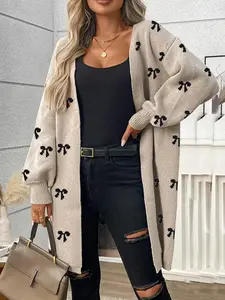 Women's Plus Size Loose Fit Oversized Cute Bowknot Knitting Casual Knitwear Cardigan, Perfect for Autumn & Winter Womenswear