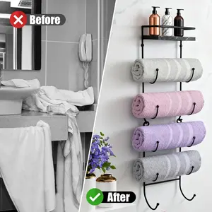 [ManyDFYu]SmallSpaceStorage Viral Black 5-Tier Metal Towel Rack with Marble Shelf BathroomOrganization,Wall Mounted Multi Purpose Storage for Roll Towels,Face Towels,Wine Bottles