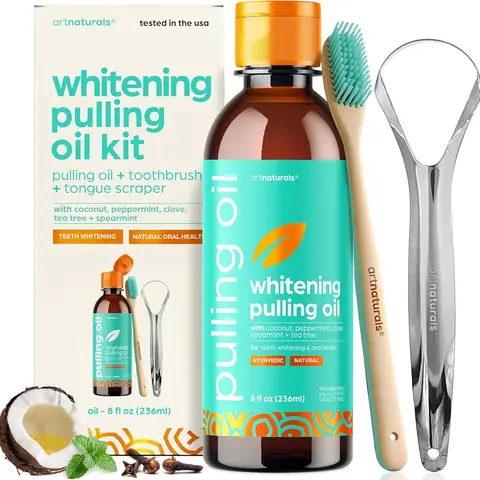 artnaturals  Coconut Oil Pulling (8oz) Tongue Scraper & Toothbrush Set - Alcohol-Free Mouthwash - Infused with Magnesium & Peppermint