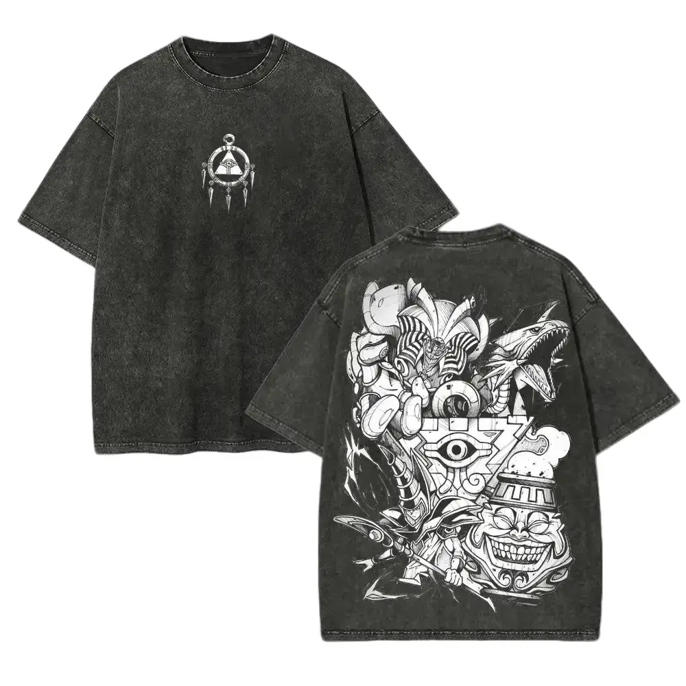 Men's Unisex Yu-Gi-Oh Acid Wash Oversized Shortleeve Tshirt - Exodia WashedGrafx Vintage Anime Graphic Tee, Blue Eyes Dark Magician Back Print, Heavyweight Cotton Harajuku Casual Streetwear Menswear Apparel Merchandise