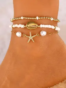 Three-Piece Summer Beach Anklet Set, Starfish Fish Shell Faux Pearl Design, Girl Jewelry, Fashion Accessory, Fashionable Jewelry Accessories, Perfect for Daily