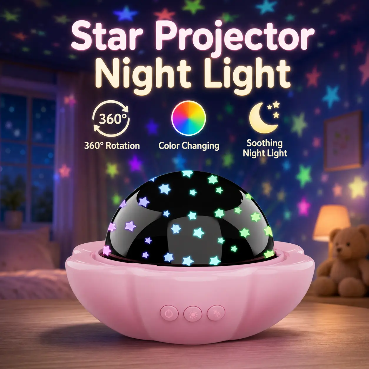 Kids Star Projector Night Light 360° Rotating Color Changing Bedroom Lamp with Interchangeable Star Dinosaur and Flower Films for Room Decor Birthday Gifts Pink or Blue