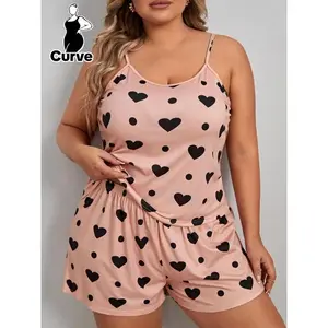 【Plus Size】 Heart Polka Dot Print Pyjama Set, Casual Spaghetti Strap Cami Top & Elastic Waist Shorts Pj Set, Women's Sleepwear & Loungewear