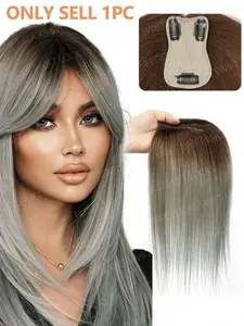 7x11cm Real Premium Human Hair Topper Ombre Color Brown to Grey Hair 8-14inches Natural Straight Hair Center Part no Bangs Hair Replacement Wigs