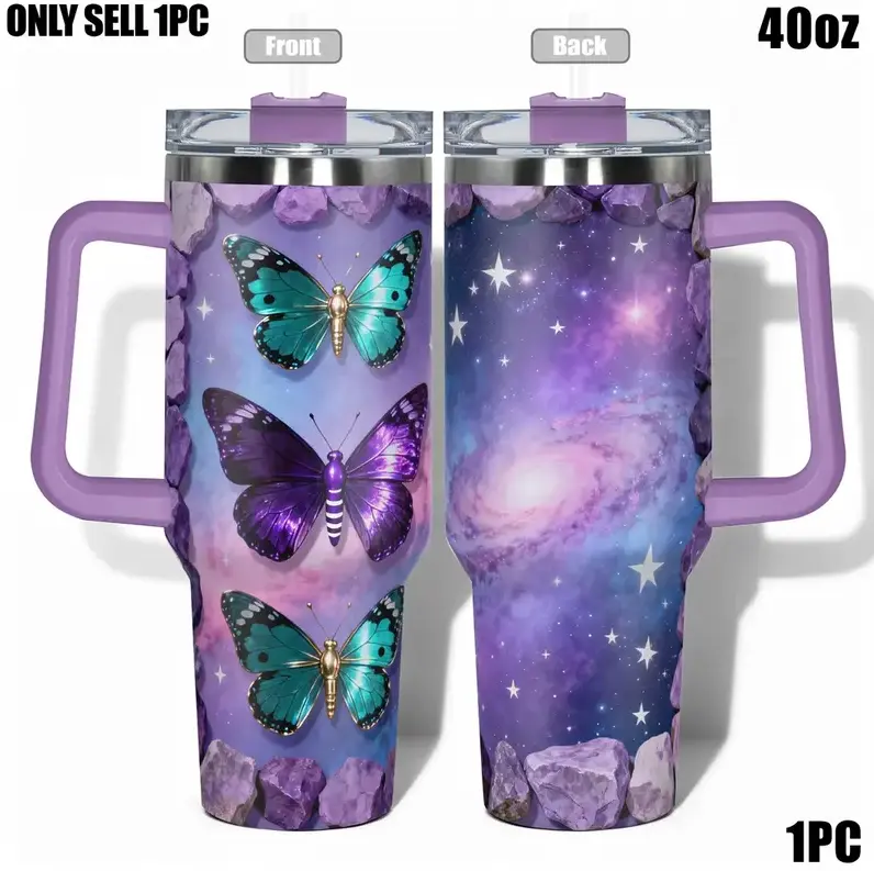 [Gift Box Included] 40oz, 20oz Galaxy Butterfly Print Stainless Steel Tumbler with Handle and Straw Vacuum Insulated Travel Mug Fits Car Cup Holder Cute Galaxy Butterfly Gift for Women