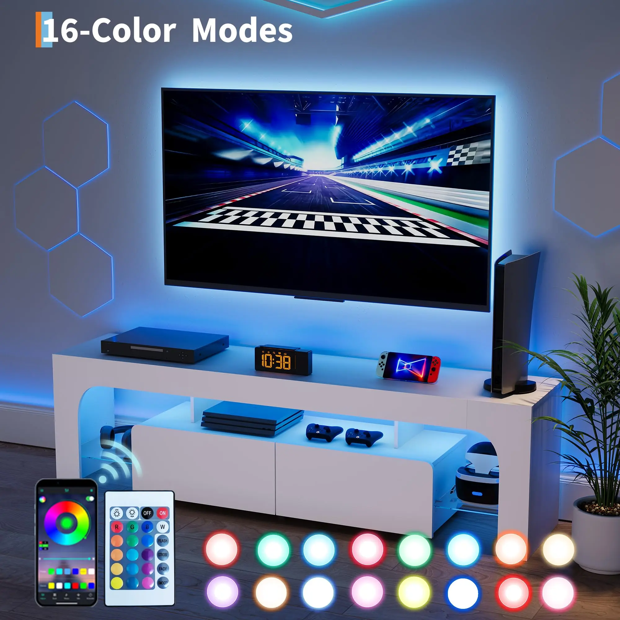 63-Inch Modern Farmhouse Cabinet TV Stand - RGB Lights Multimedia Centre with 2 Drawers, Open Shelf, 16-Color Remote Control, Media Console for Max 70-Inch Screens (Man Cave Decor, Home Cinema, Game Rooms)
