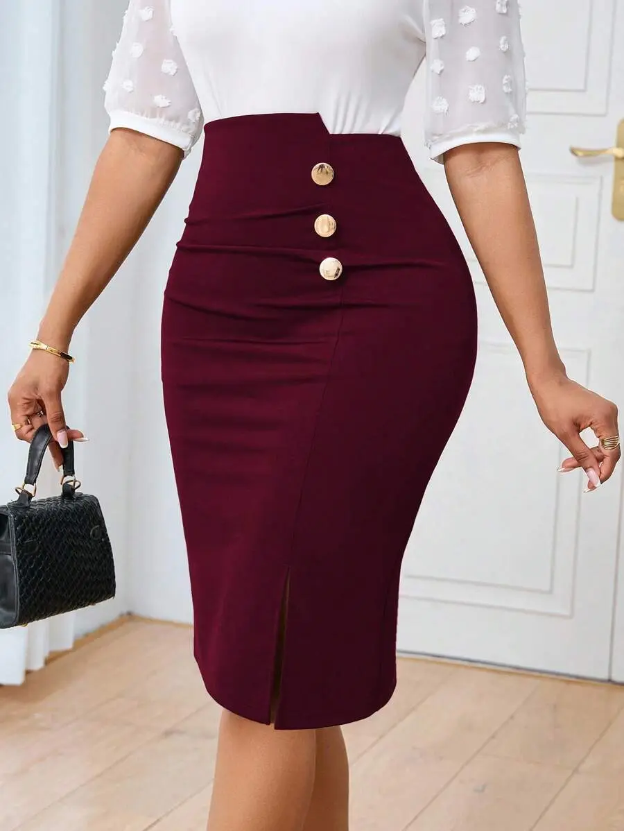 Elegant Solid Color Fitted Pencil Skirt Suitable For Commute Office Skirt