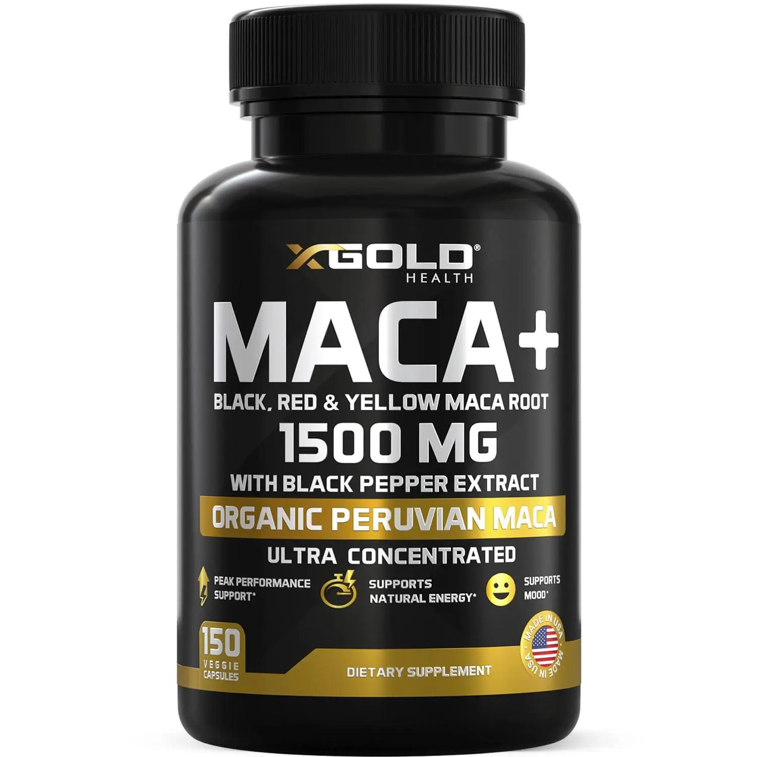 XGOLD HEALTH Organic Maca Root Capsules 1500mg - Black Red & Yellow Blend with Black Pepper for Enhanced Absorption Non-GMO Vegan Gluten-Free Natural Energy Supplement - Healthcare