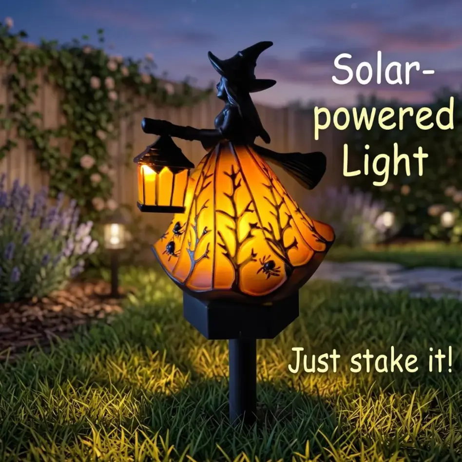 Solar Witch Garden Stake Light, Enchanting Halloween Outdoor Decor, Magical Glowing Witch Holding Lantern for Yard, Pathway, Lawn & Patio, Waterproof LED Spooky Landscape Decoration, Perfect Unique Holiday Gift for Kids and Garden Lovers