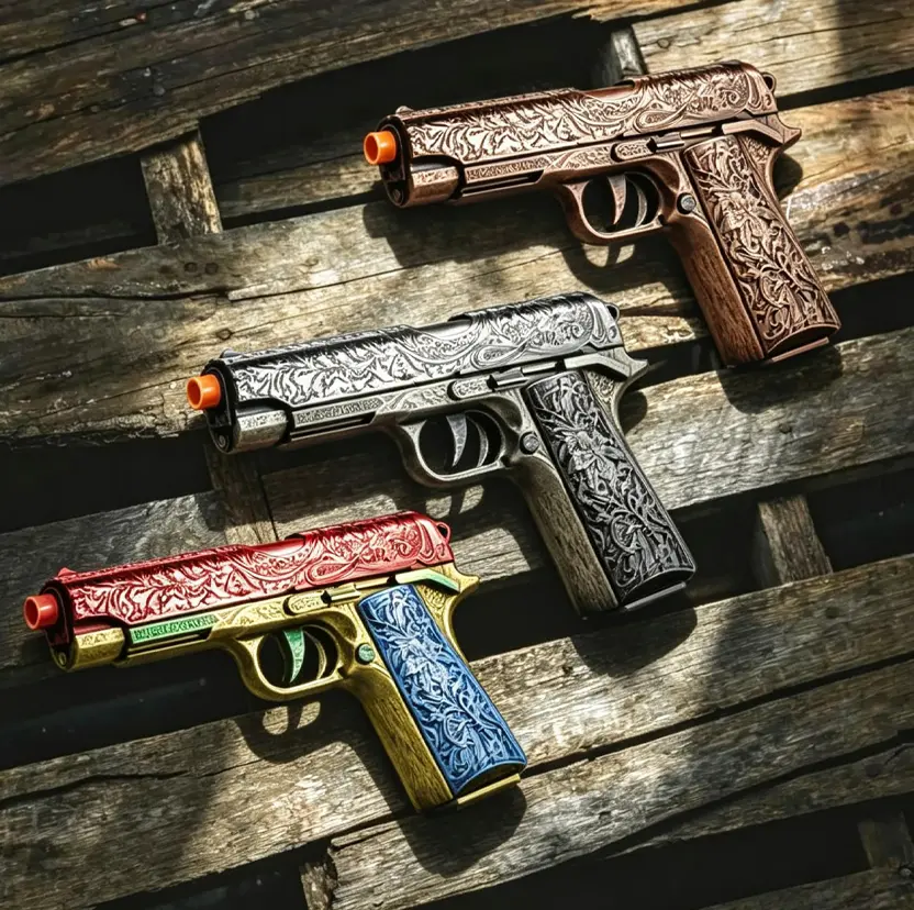 1911 Vintage-style, weathered model toy gun made of solid plastic, featuring intricate detailing and a bright orange muzzle—a wonderful holiday gift and outdoor toy.