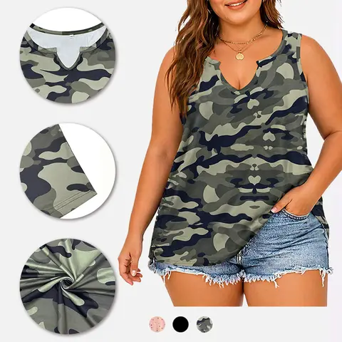 VOGRACE Women's Plus-Size Casual Floral Tie-Dye Elastic Fabric Tank Top - Breezy Sleeveless V-Neck Loose Tunic, Holiday Style, Solid/Pattern Pick, Preppy Design, 2XL-5XL (VPS0107)