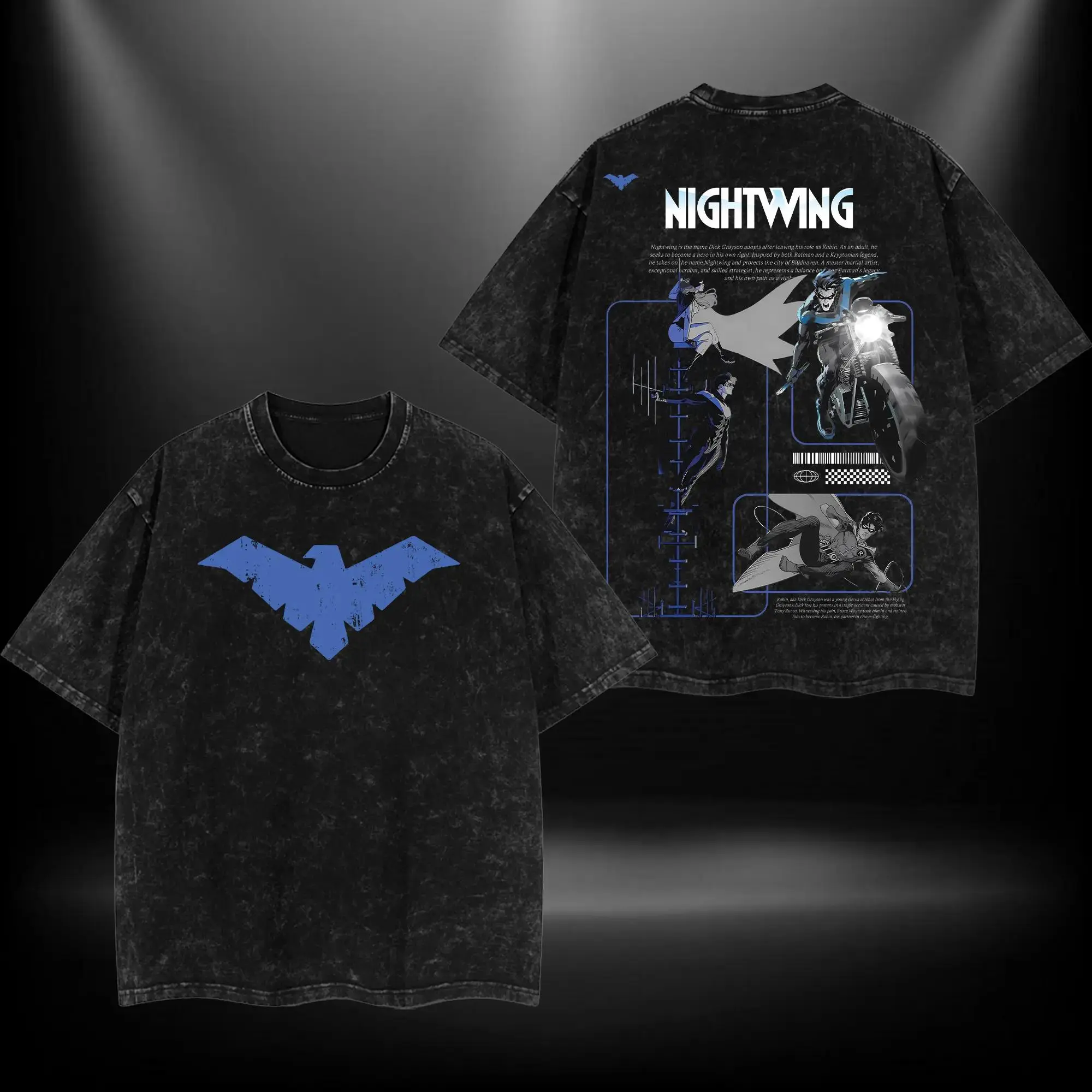 NightWing Batfamily Double Printed Oversize Lightweight Acid Washed Tee TV Show Graphic Top Cotton Gift T-Shirt For Comic Lover, Gift T-Shirt For Movie Lover