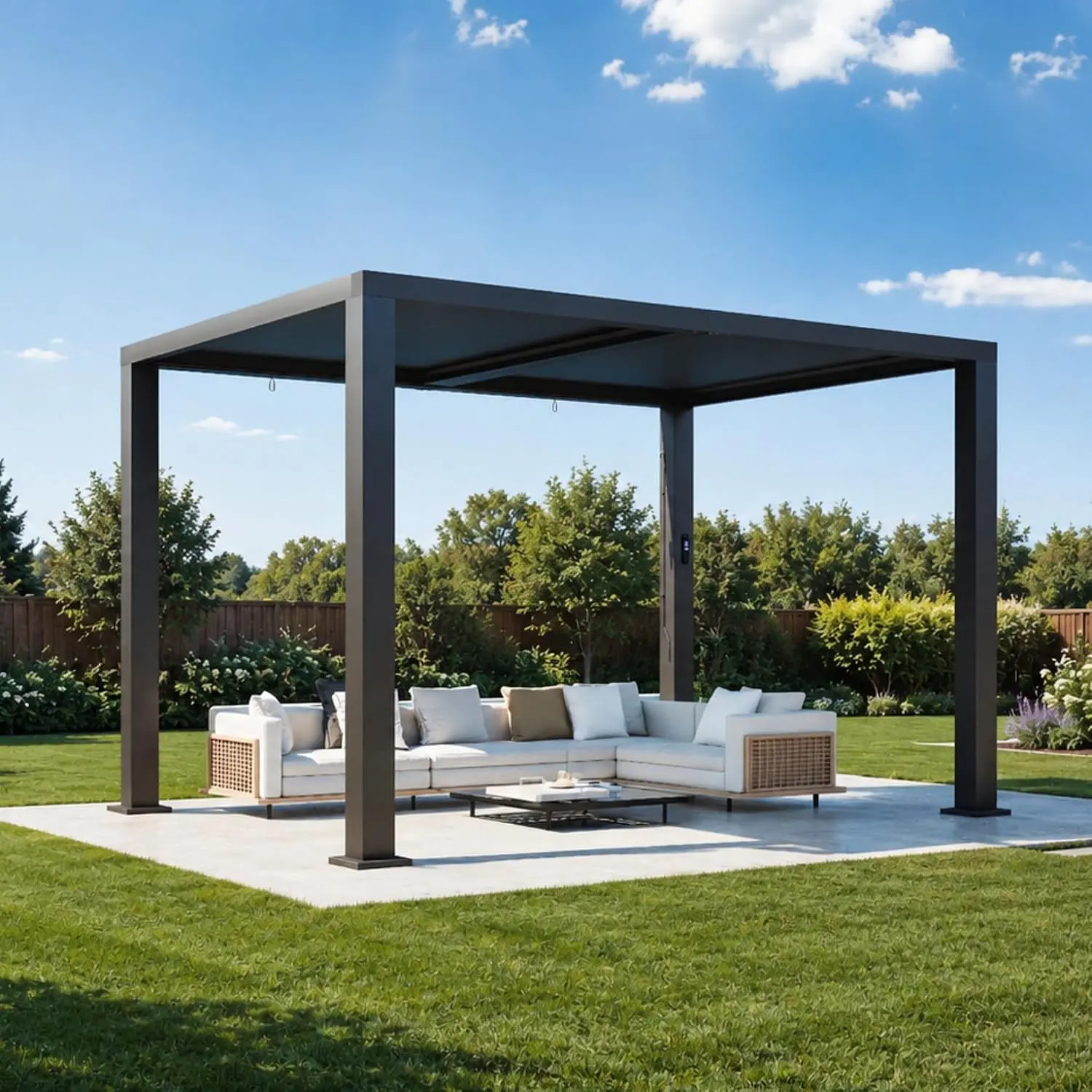 Aoxun Motorized Louvered Pergola 9' x 12,Electric Retractable Outdoor Pergola with 2Independent Adjustable Roofs, Built-in LED Strips,Rust-Resistant Frame for Patio & Backyard
