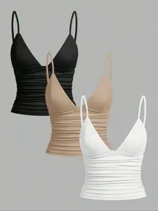 3-Pack V-Neck Slim Fit Camisole Tops for Women, Womenswear, Hot Girl Style Slimming Cropped Cutout Waist Spaghetti Strap Sleeveless Tops, Sleeveless Base Layer Tops in Multiple Colors, Cutout Tank Top, Perfect for Nightclub and Party Outfits