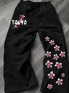 Men's Casual Sporty Long Pants, Tokyo Cherry Blossom Print, Drawstring Wide Leg, Loose Fit, All Seasons, Fashionable Men's Clothing